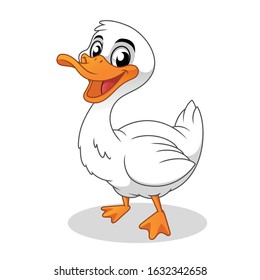 Happy Duck, Bird Animal, Cartoon Vector Illustration Mascot, in Isolated White Background.