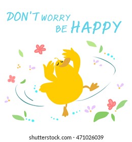 Happy duck dance in the wind and blossom vector illustration