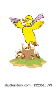 Happy duck dancing on the stump. White background.