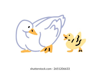 Família de pato feliz caminha juntos. Aves de capoeira e patos. Passeios de ganso e de gansos. Aves de galinha e passarinho do rancho, animais de fazenda, gado. Ilustração de vetor isolado plano sobre fundo branco