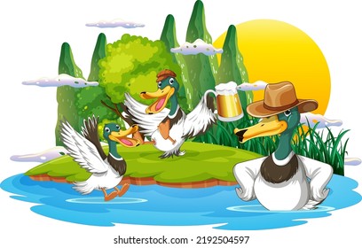 Happy duck group in nature scene illustration