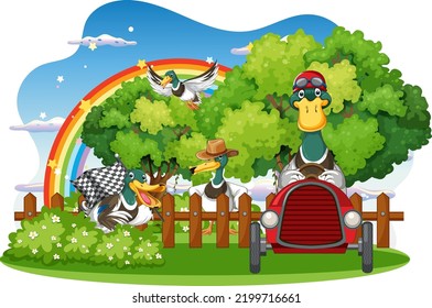 Happy duck group in nature scene illustration