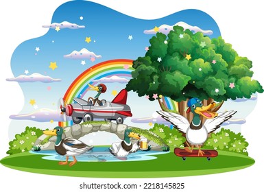 Happy duck group in nature scene illustration