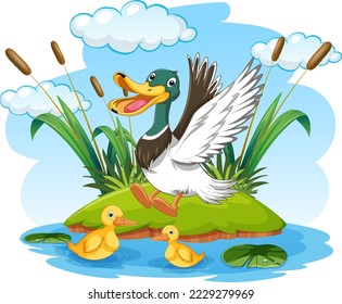 Happy duck in nature scene illustration