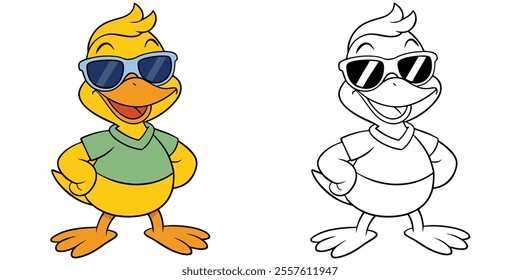 Happy Duck Wearing Sunglasses Cartoon Coloring Page For Kids. Animal Cartoon Coloring Book Printable
