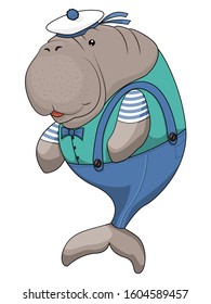 Happy Dugong animal cartoon character isolated on white background. Cute Cartoon Duyung or sea cow swimming in the tropical sea water. Fantasy character for t-shirts and cards.