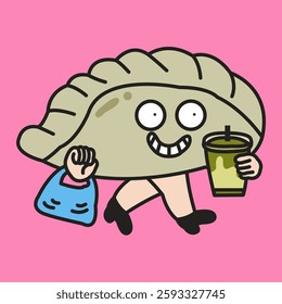 Happy Dumpling Lady Going For Grocery Shopping At Supermarket Concept Card Character illustration
