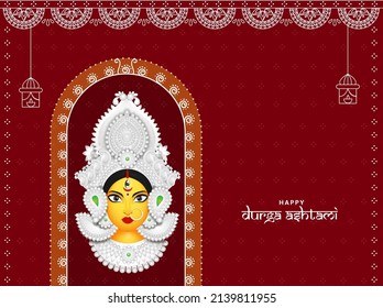 Happy Durga Ashtami Concept With Goddess Durga Face And Floral Pattern On Red Background.