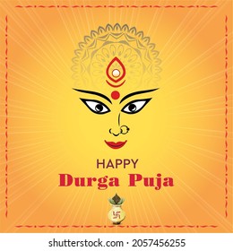 Feliz Durga Pooja. Feliz Durga Ashtami, feliz ilustración vectorial Durga Navami. Feliz Navratri. Festival Hindú. La cara de la diosa hindú Maa Durga. Festival Indio, diosa hindú. Kalash. Esvástica