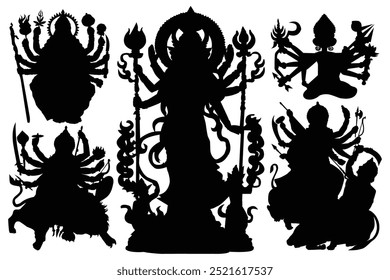 Feliz Durga Puja de fondo. Diosa hindú Devi Durga Siluetas. India, Calcuta, festival de Bengala occidental de la diosa Kali Puja. Shubh Navratri, Vector de la silueta de la diosa Saraswati. Logo de Puja, Anuncios