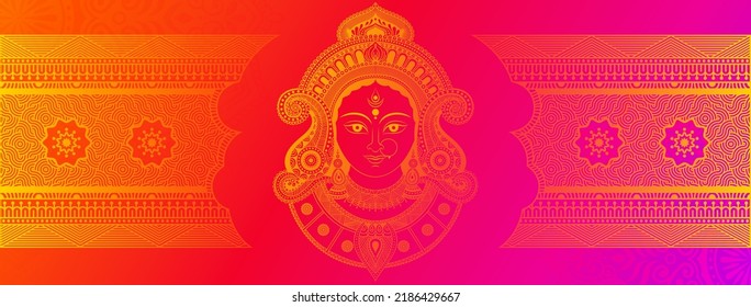 Happy Durga Puja Banner Background Design with Goddess Durga Face Illustration