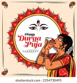 Happy durga puja. bengali lady blowing a conch shell during durga puja 