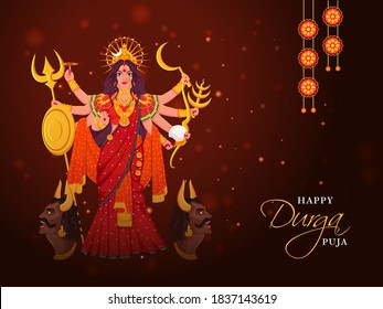 Happy Durga Puja Celebration Background with Hindu Mythology Goddess Durga Maa and Demon Mahishasura Face.