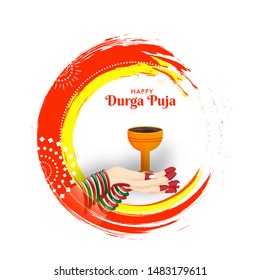 Happy Durga Puja celebration greeting card design with female hand holding dhunuchi dhoop and brush stroke effect on white background.