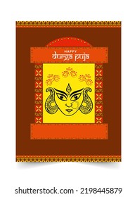 Happy Durga Puja Celebration Greeting Card With Creative Goddess Durga Face.