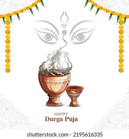 Happy Durga Puja Clay Dhunuchi With Smoke Indian Puja Festival Background