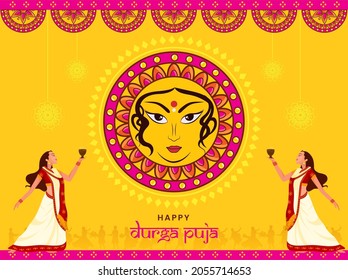Feliz Concepto De Durga Puja Con La Diosa Durga Maa Y Mujeres Bengalíes Actuando Dhunachi Con Antecedentes De Mandala Amarilla.