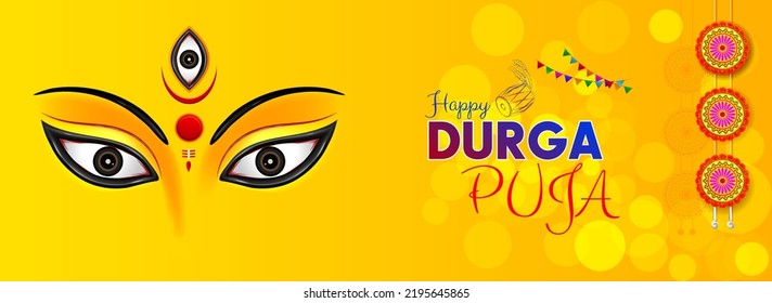 happy durga puja cover banner design with illustration of goddess durga face