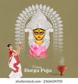 Feliz diseño creativo de banderas Durga Puja con el Festival Indio de Ilustración de Cara Durga