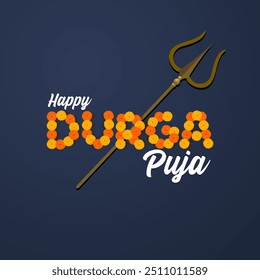 Feliz Durga Puja Cartão azul escuro com DURGA em tridente de marigolds e texto festivo