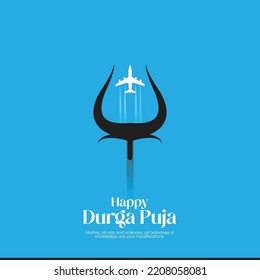 Happy Durga Puja Festival Background with Stylish Text and Goddess Durga Hands for Hindu Religious Festival Durga Puja or Navaratri. Line art Vector Illustration on Dark Blue Background.