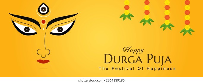 Happy Durga Puja Festival Background with Stylish Text and Goddess Durga face for Hindu Religious Festival Durga Puja or Navaratri. Line art Vector Illustration on Background.