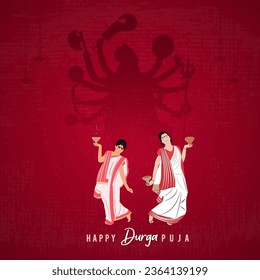 Happy Durga Puja Festival Background with Stylish Text and Goddess Durga face for Hindu Religious Festival Durga Puja or Navaratri. Line art Vector Illustration on Background.