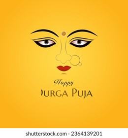 Happy Durga Puja Festival Background with Stylish Text and Goddess Durga face for Hindu Religious Festival Durga Puja or Navaratri. Line art Vector Illustration on Background.