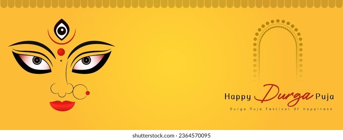 Happy Durga Puja Festival Background with Stylish Text and Goddess Durga face for Hindu Religious Festival Durga Puja or Navaratri. Line art Vector Illustration on Background.