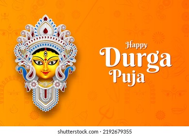 happy durga puja festival banner design in yellow background with goddess durga face illustration