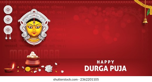 happy durga puja festival banner background design with durga maa face illustration