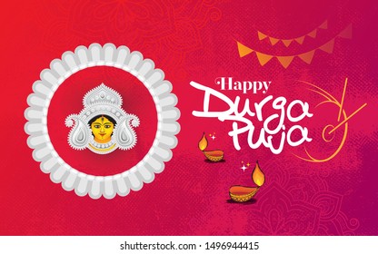 Happy Durga Puja Festival Celebration Background Template Design with Goddess Durga Face Illustration