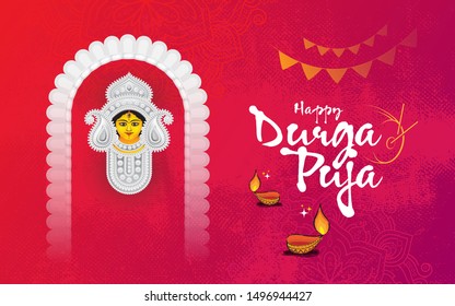 Happy Durga Puja Festival Celebration Greeting Background Template Design with Goddess Durga Face Illustration