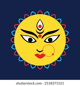 happy durga puja festival celebration with goddess durga front face vector art flat design and background poster and card illustration