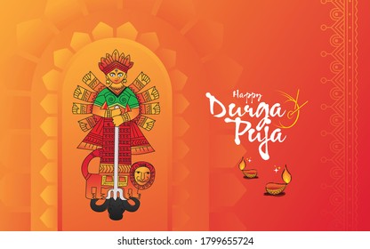 Feliz Festival de Durga Puja, diseño de plantilla de fondo de bienvenida con iluminación creativa de Durga