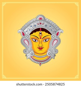 Ilustración feliz del festival de Durga Puja en fondo amarillo. Diosa durga cara Ilustración vectorial.