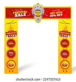 happy durga puja festival sale banner, navaratri festival offer banner template design with goddess durga face illustration