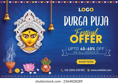 feliz durga puja festival venta banner diseño de plantilla navaratri oferta banner con fondo azul