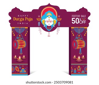 Happy durga puja festival venta puerta de entrada, navratri festival ofrece diseño de Plantilla de Anuncio con la diosa durga cara ilustración