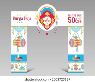 Happy Durga Puja Festival Verkauf Gate Eingang, Navratri Festival bieten Banner Template Design mit Göttin durga Gesichtsgrafik
Vektorformate
EPS
2200 × 2200 Pixel ・ DPI 300 ・ JPG
