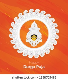 Happy Durga Puja Festival Template Design with Creative Goddess Durga Face Illustration