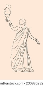 Happy Durga Puja festival traditional dhunochi dance drawing vector illustration.