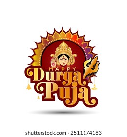 Feliz Durga Puja. Diseño festivo del logotipo. Festival indio de diseño de logotipo vintage dorado promocional de Navratri.