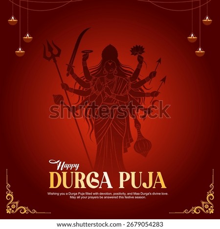 Happy Durga Puja greeting card with a powerful silhouette of the ten-armed Goddess Durga. Festive banner for the Hindu festival with decorative diyas on a red background.

 Stock photo © 