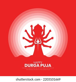 Feliz Durga puja plantilla de diseño de saludos con texto elegante y manos de diosa Durga para el Festival Religioso Hindú Durga Puja o Navaratri.