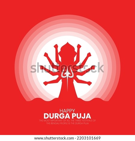 Happy durga puja greeting design template with Stylish Text and Goddess Durga Hands for Hindu Religious Festival Durga Puja or Navaratri.