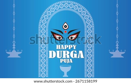 Happy Durga Puja greeting with goddess eyes. Blue festive background featuring goddess Durga eyes, traditional arch design, hanging lamps, and greeting text . Template Design with Goddess Durga . Stock photo © 