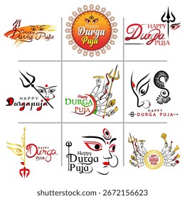 Happy Durga Puja Handgezeichnete Typografie mit kreativem Maa Durga Gesicht und Augen | Farbiges Vektordesign