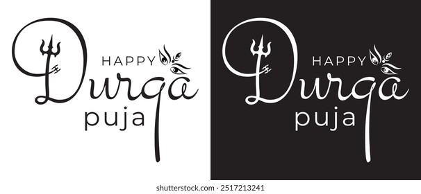 Happy Durga Puja hand lettering design vector , Happy Durga Puja text vector.  Festival of India. Durga Face. Subh Navratri