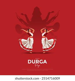 Feliz Durga Puja Dios indio shri Druga, Subh Navratri fondo rojo. Ilustración vectorial de las mujeres diseño Navratri.